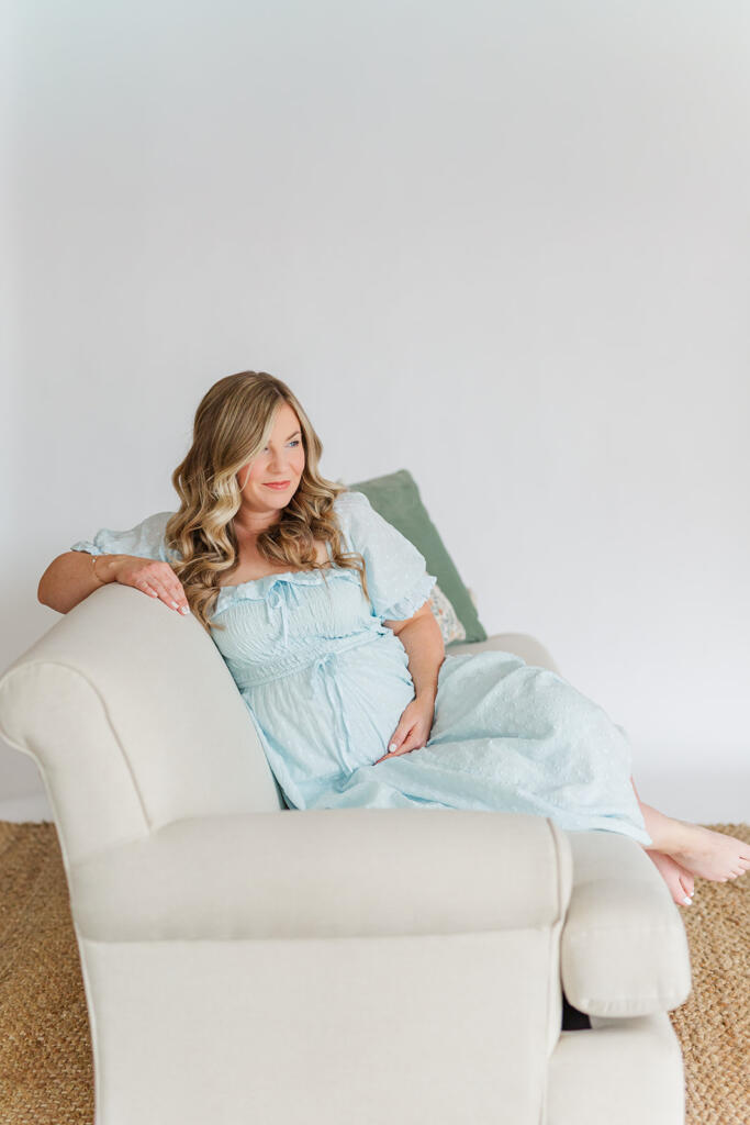 Charleston studio maternity photography featuring soft natural light and neutral styling | Laura and Rachel Photography