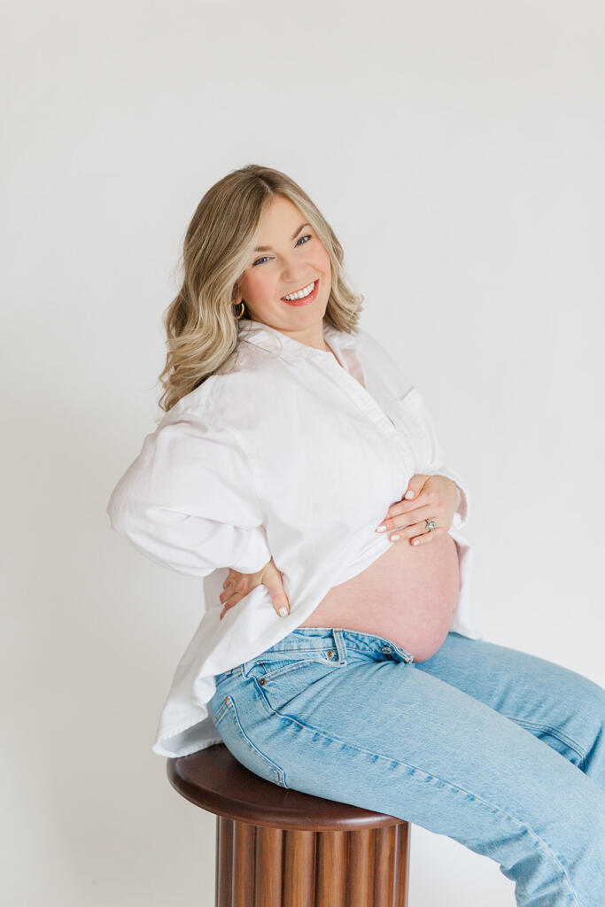 Charleston studio maternity photography featuring soft natural light and neutral styling | Laura and Rachel Photography