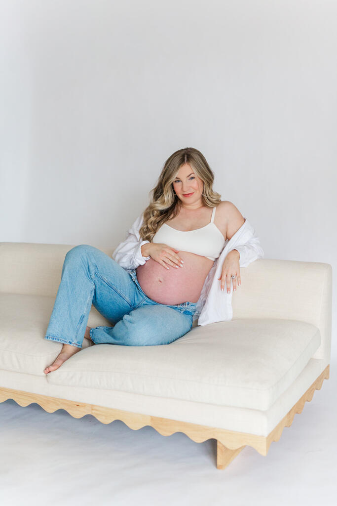 Charleston studio maternity photography featuring soft natural light and neutral styling | Laura and Rachel Photography