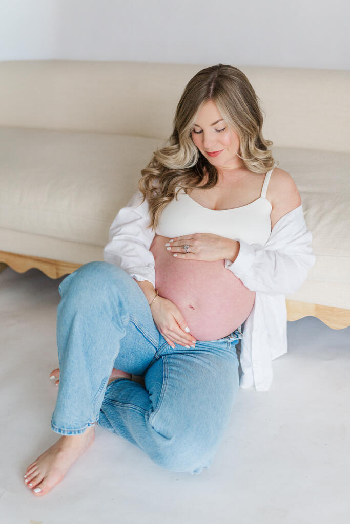 Charleston studio maternity photography featuring soft natural light and neutral styling | Laura and Rachel Photography