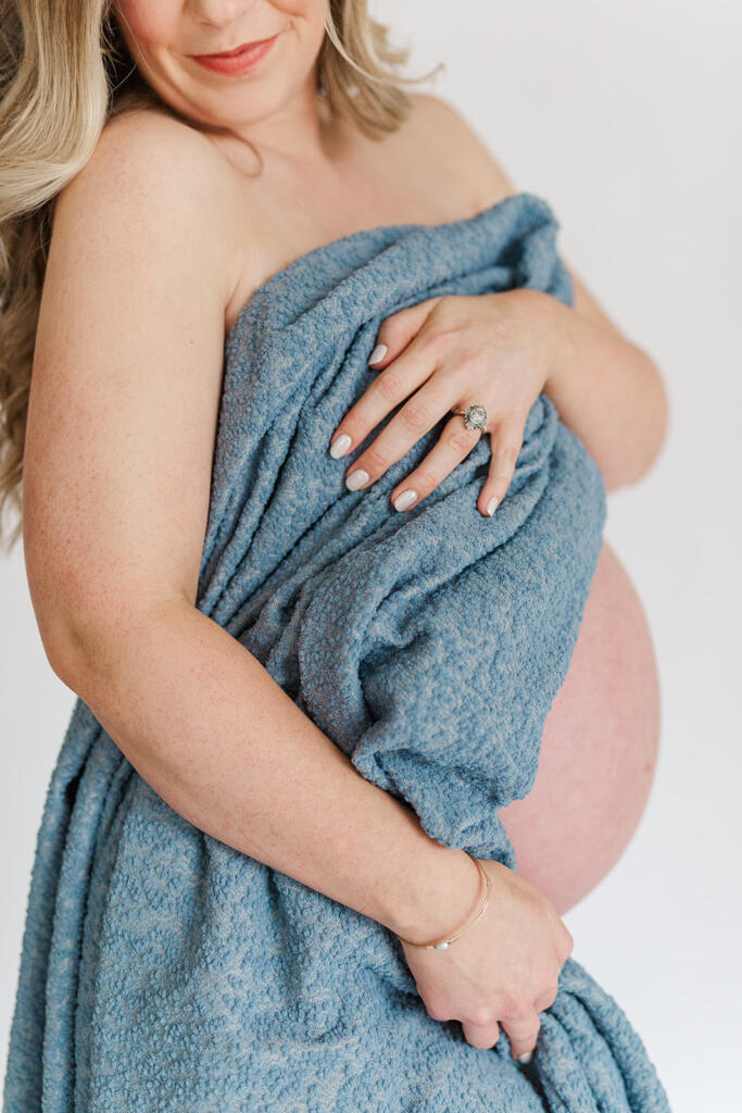 Charleston studio maternity photography featuring soft natural light and neutral styling | Laura and Rachel Photography