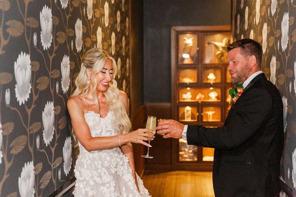 Hallway / Elevator Evening Portraits Bride and groom evening portraits in the moody hallways of Hotel Emeline in Charleston, SC, captured by Laura & Rachel Photography